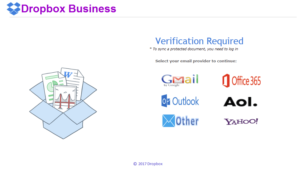 Fake Dropbox Business landing page with links to fake email login pages