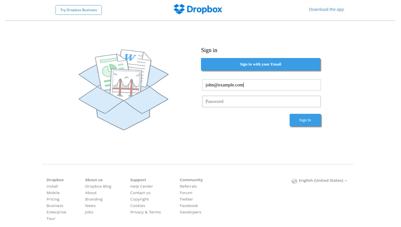 Phishing Login Page for Fake Dropbox Message Center Email